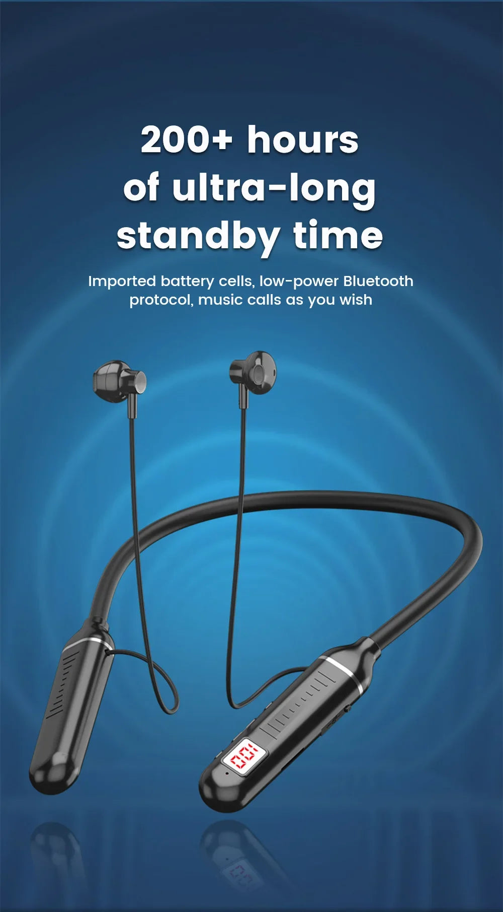 BT5.3 Neckband Earphones LED Display Waterproof