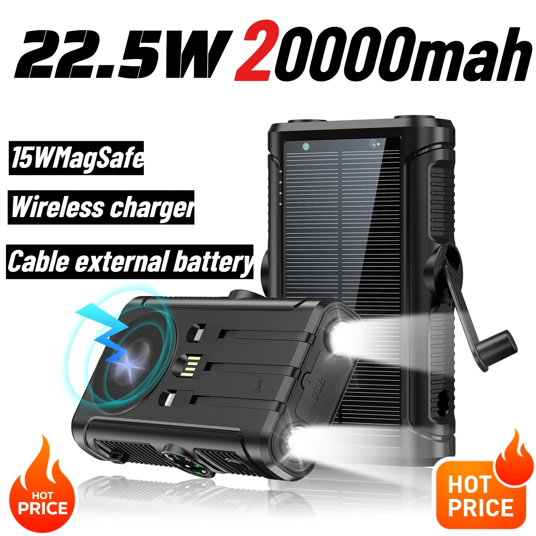 Solar Power Bank 20000mAh 22.5W – Hand Crank
