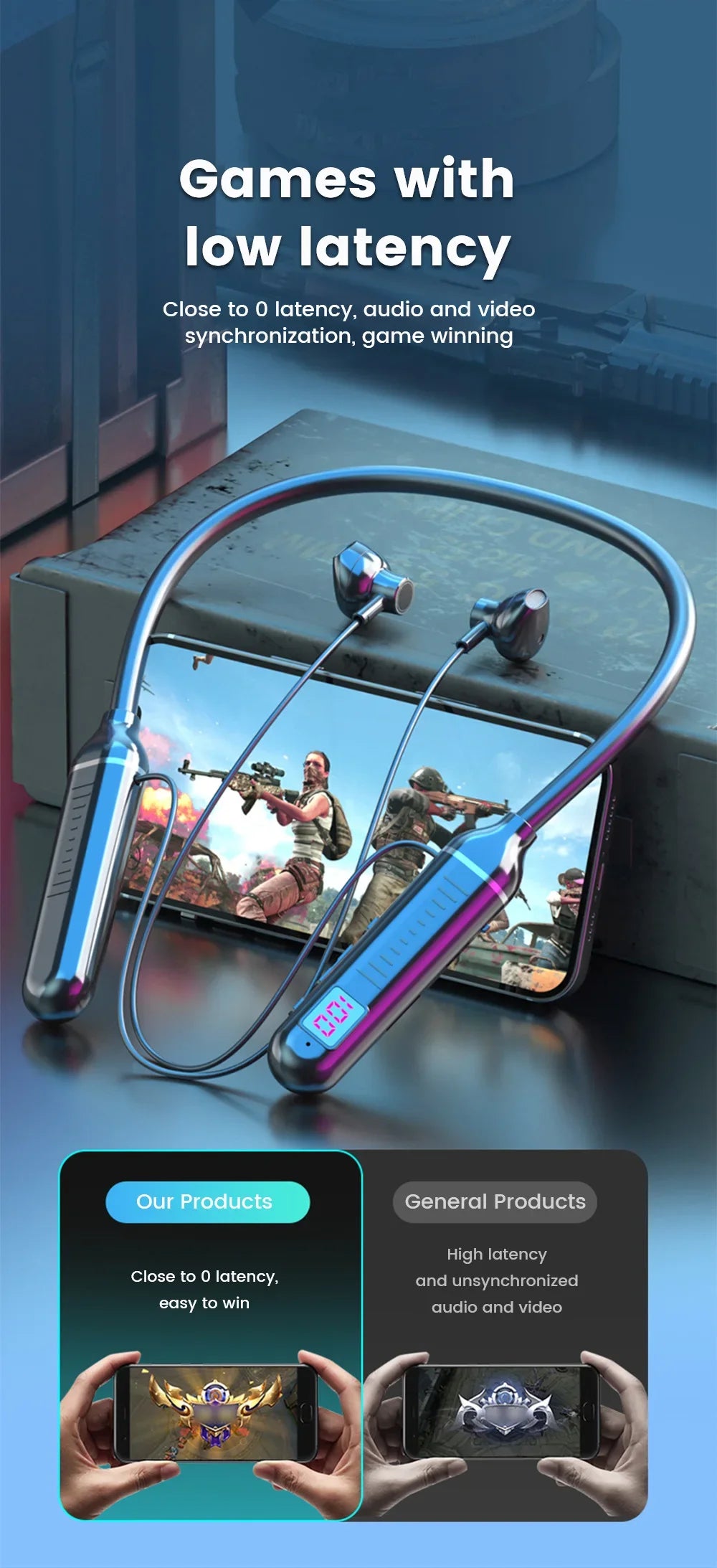 BT5.3 Neckband Earphones LED Display Waterproof