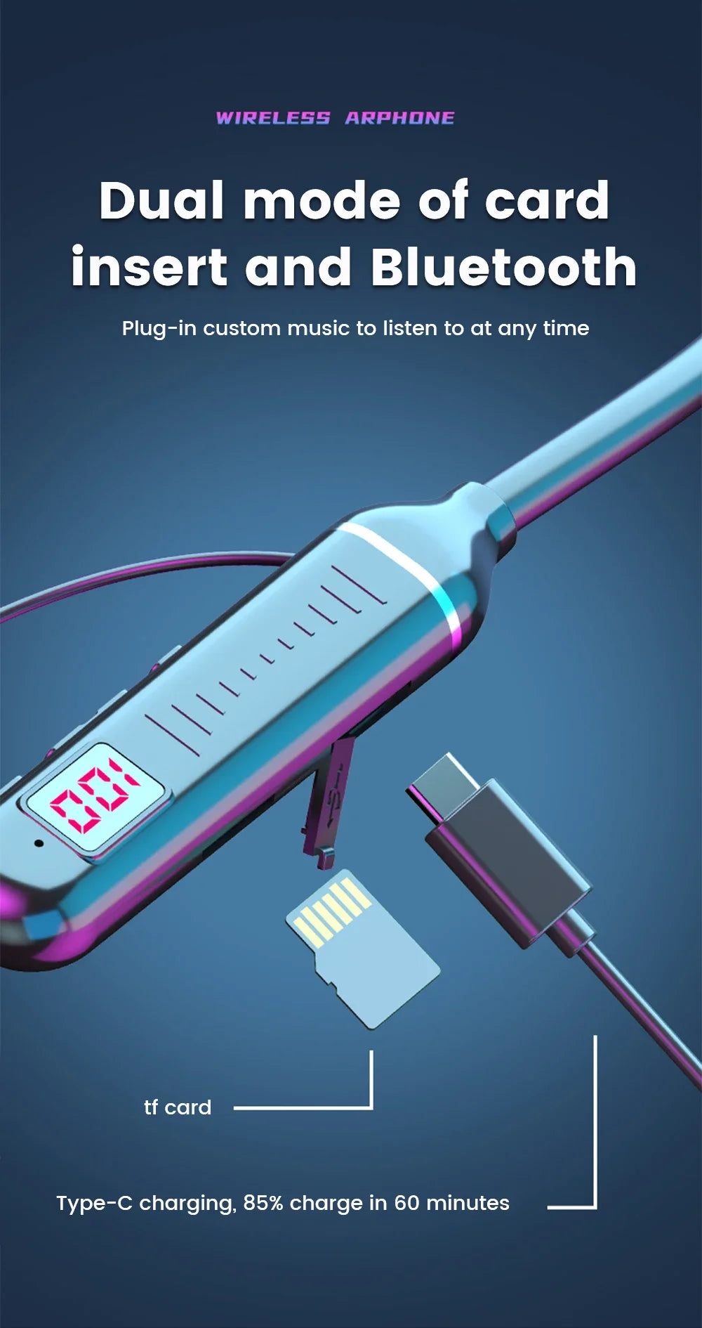 BT5.3 Neckband Earphones LED Display Waterproof