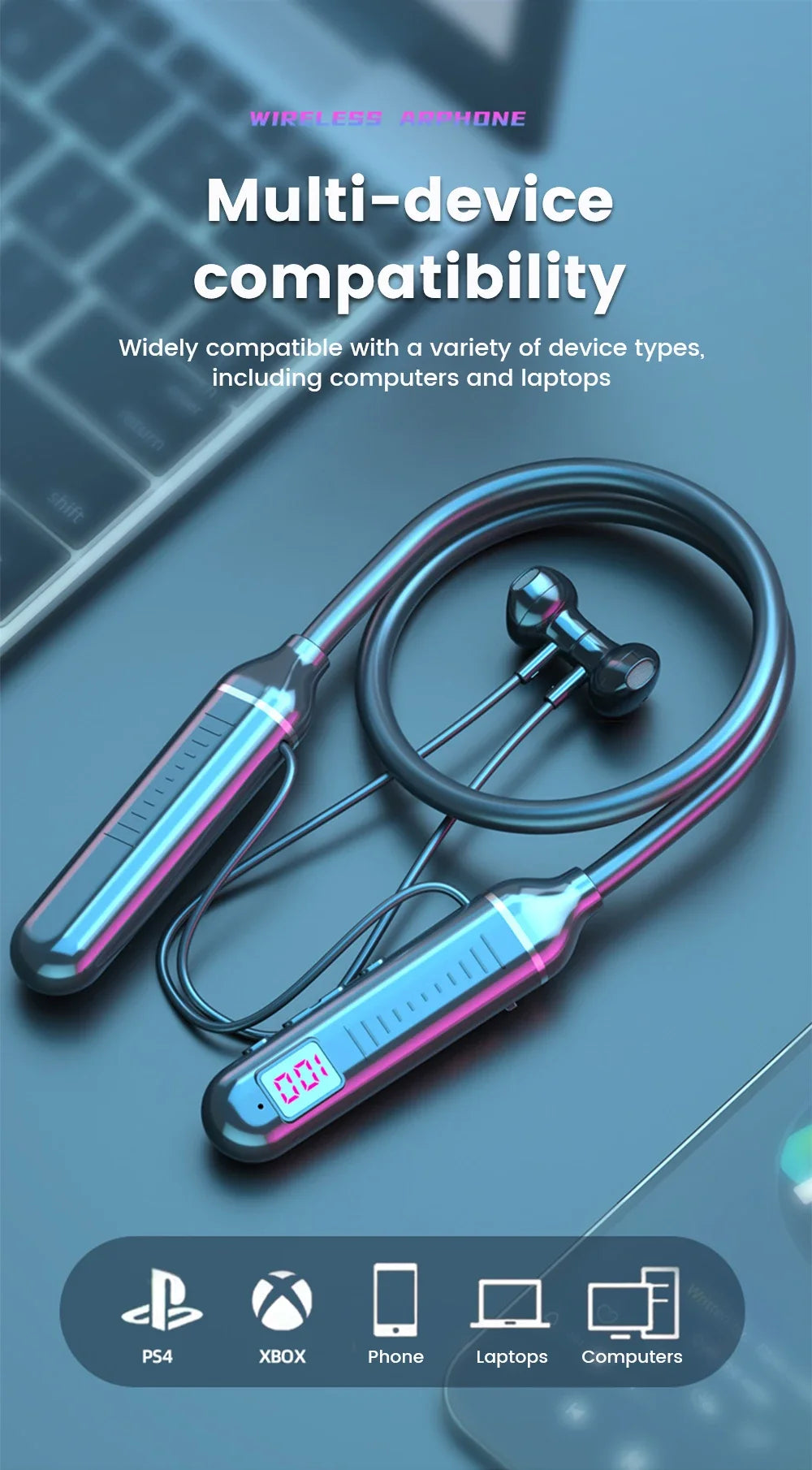 BT5.3 Neckband Earphones LED Display Waterproof