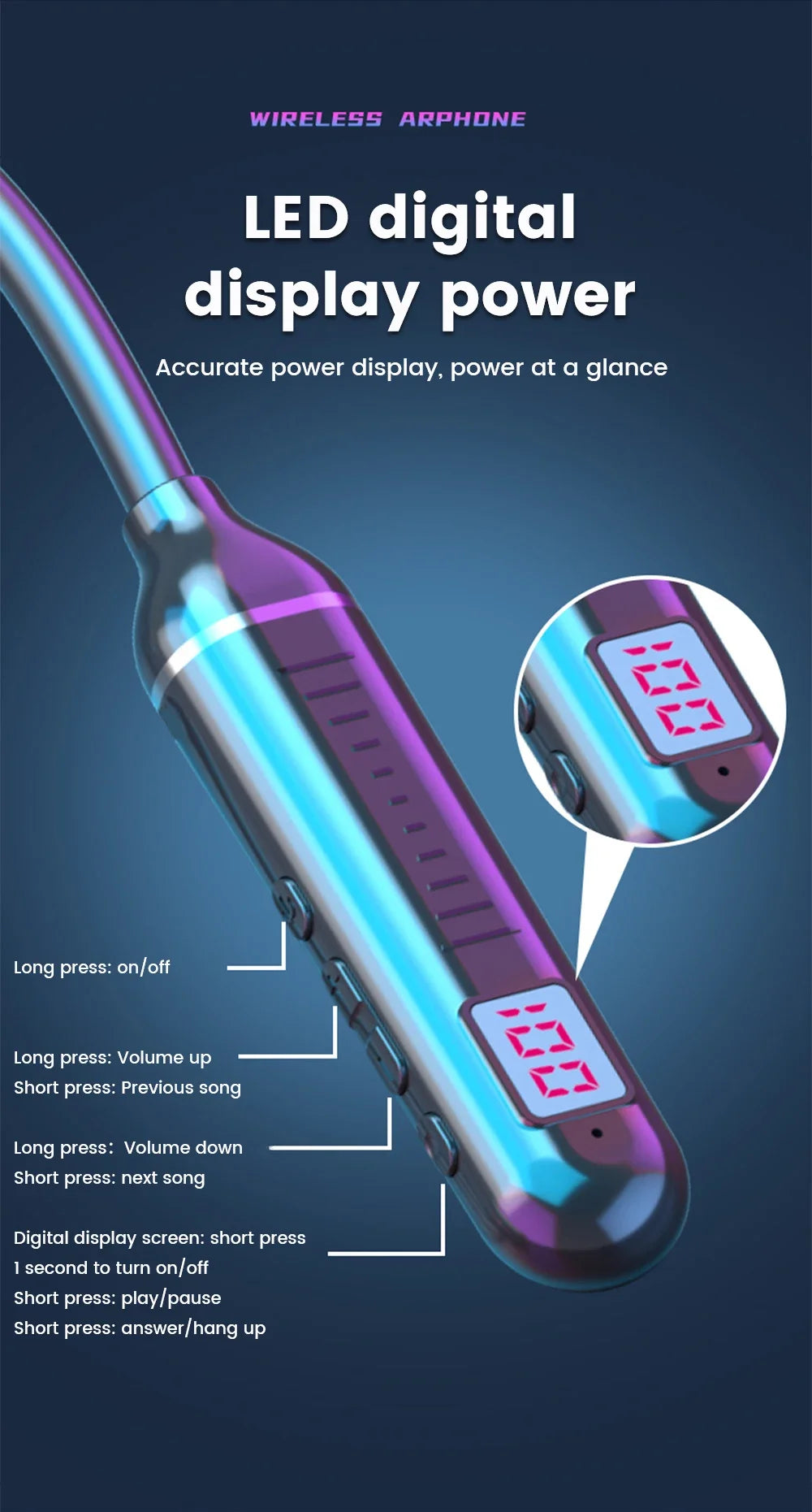 BT5.3 Neckband Earphones LED Display Waterproof