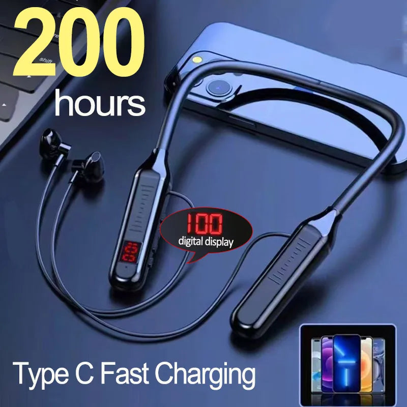 BT5.3 Neckband Earphones LED Display Waterproof