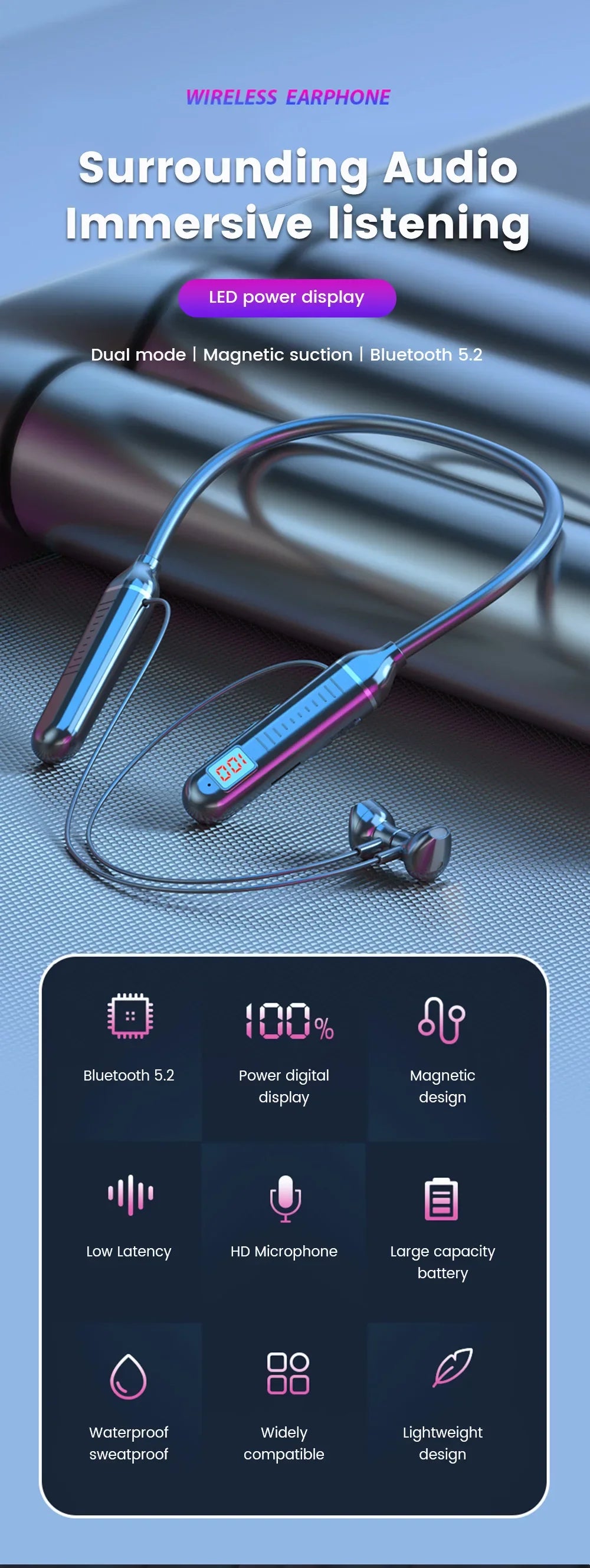 BT5.3 Neckband Earphones LED Display Waterproof