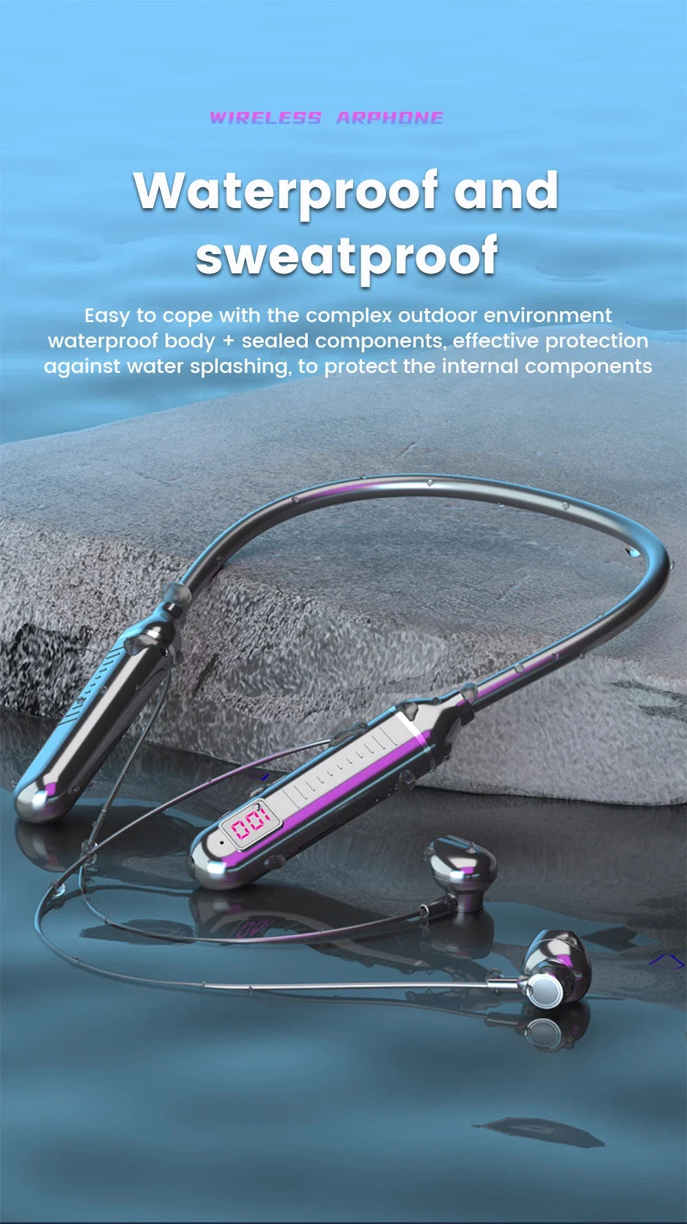 BT5.3 Neckband Earphones LED Display Waterproof